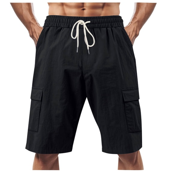 KeShDi Mens Shorts Casual Man Solid-Color Casual Sports Multiple Pockets Drawstring Shorts Black S