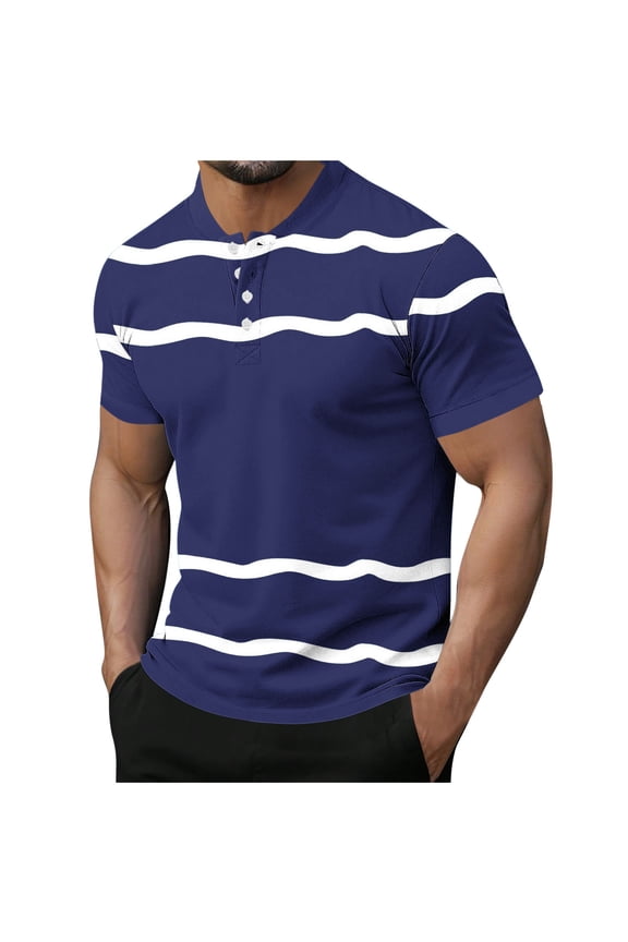 Mens Strip Shirts Block Color Men's Fashionable Short Sleeved Button Round Neck Casual Solid Color Dark Blue 3X