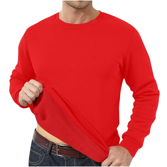KeShDi Mens T-Shirts Black Sweatshirt Men's Fashion Casual WarmThick Solid Color Easy Long Sleeve Round-Neck Loose Blouses Shirts Red S