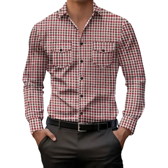KeShDi Mens T Shirts Long Sleeve Men's Casual Stylish Striped Long-Sleeved Collared Button-Down Pocket Blouse/T-Shirt Wine M