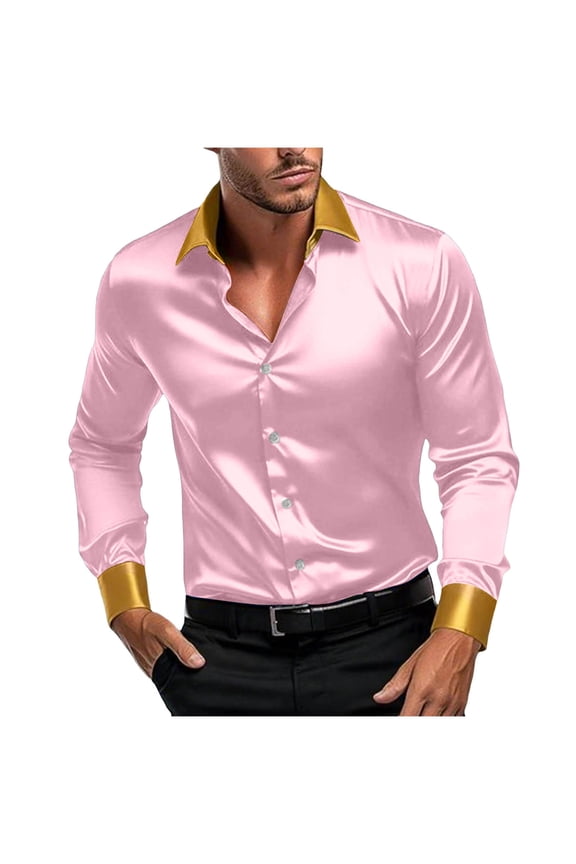 Mens T Shirts Long Sleeve Men's Fashionable Personality Dancing Party Vintage Solid Color Casual Long Sleeve Turndown Collar Blouse Shirt Pink 4X