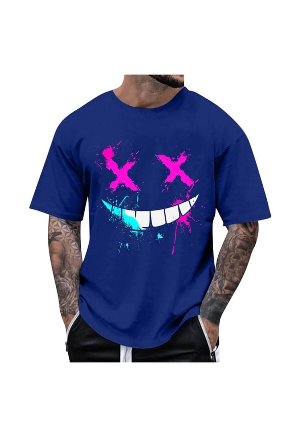 Mens T Shirts Summer Fashion Casual Men's Round Neck Printed T-shirt Top Blue 5X