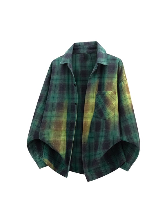 Mens Thermal Long Sleeve Plaid Shirt Gingham Tops Flannel Casual Checkered Shirt Loose Brushed Checkered Shirt Jacket Green 4X