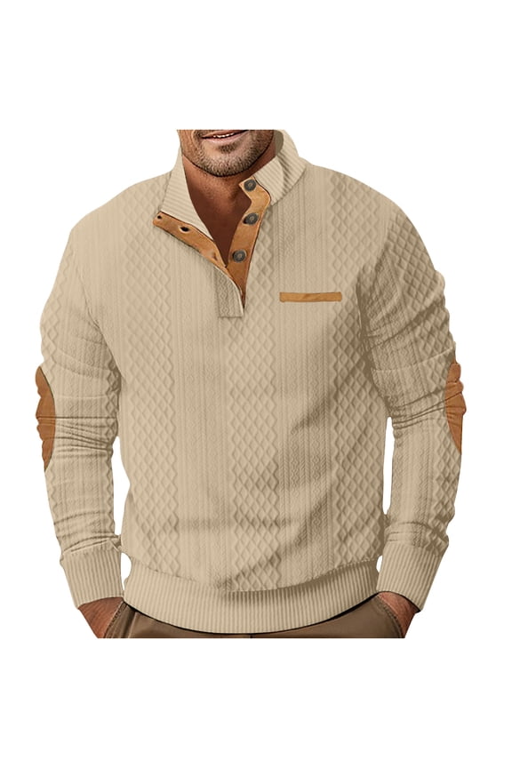 Mens Waffle Long Sleeve Shirt Man Long Sleeve Solid Color Round Neck Button Fashion Fallow Blouse Khaki 2X