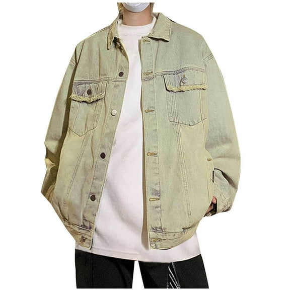 KeShDi Mens Winter Coats Man Casual Tie Button Pocket Long Sleeve Hoodless Denim Outwear Jacket Yellow L