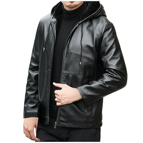 KeShDi Mens Winter Jacket Men Vintage Jacket Fleecing Leather Hooded Long Sleeve Winter Stand Collar Coat Fashion Men's Leather Jackets Casual Black S