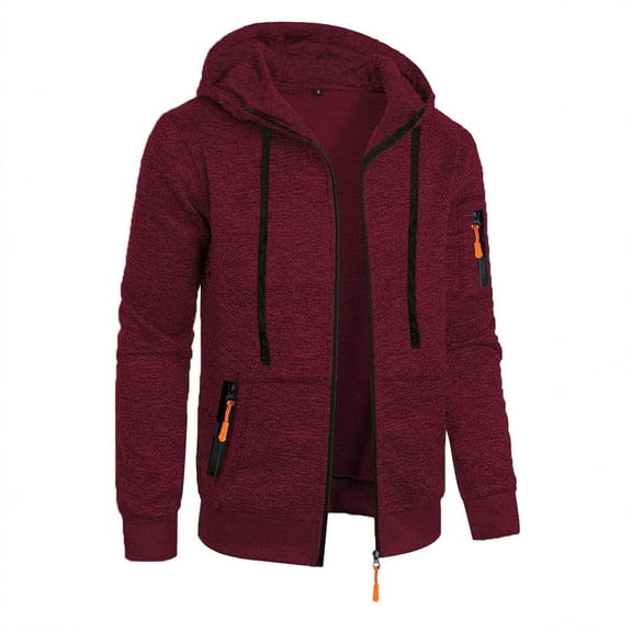 KeShDi Mens Winter Jacket Men's Solid Color Long Sleeved Hooded Zipper Cardigan Sweater Jacket Wine 2X