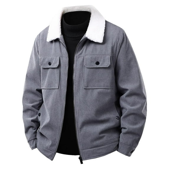 KeShDi Mens Winter Jacket Men's Solid Color Long Sleeved Lapel Zipper Cardigan with Thick Corduroy and Lamb Wool Jacket Dark Gray M