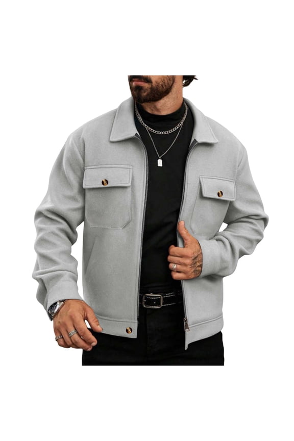 Mens Winter Jacket Mens Bomber Jacket Men's Solid Color Woollen Cloth Lapel Long Sleeved Double Pockets Zipper Cardigan Coat Gray 2X