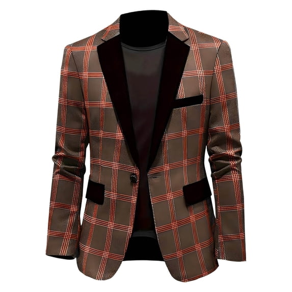 KeShDi Oversized Blazer Men's Trendy Plaid Collar Top Casual and Handsome Small Suit Jacket Men's Suit Jacket Brown 2X