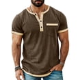 thumbnail image 1 of KeShDi Oversized Henley Shirts Block Slim Fit Golf Shirts with Pocket Men's Fashion Solid Color Blocked Short Sleeve Round Neck Button Sports Fitness Blouses Shirts Pullover Brown XL, 1 of 5