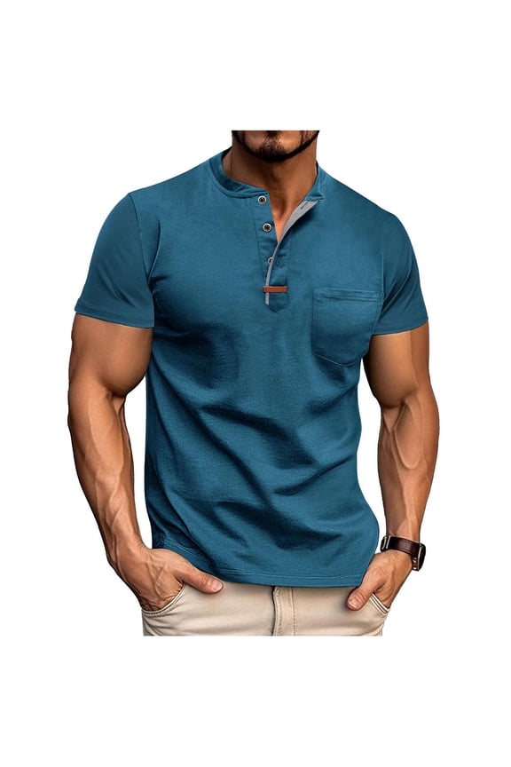 Oversized Tshirts for Men Workout Tops Active Muscle Man Solid Color Casual Fashion Half-button Opening and Closing Lapel Pocket Short Sleeves Top Blue S