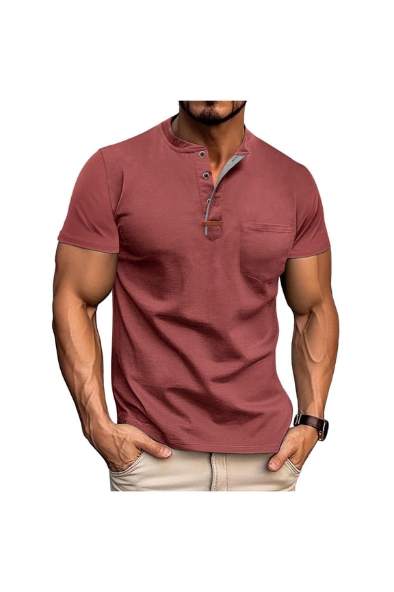 Oversized Tshirts for Men Workout Tops Active Muscle Man Solid Color Casual Fashion Half-button Opening and Closing Lapel Pocket Short Sleeves Top Red S