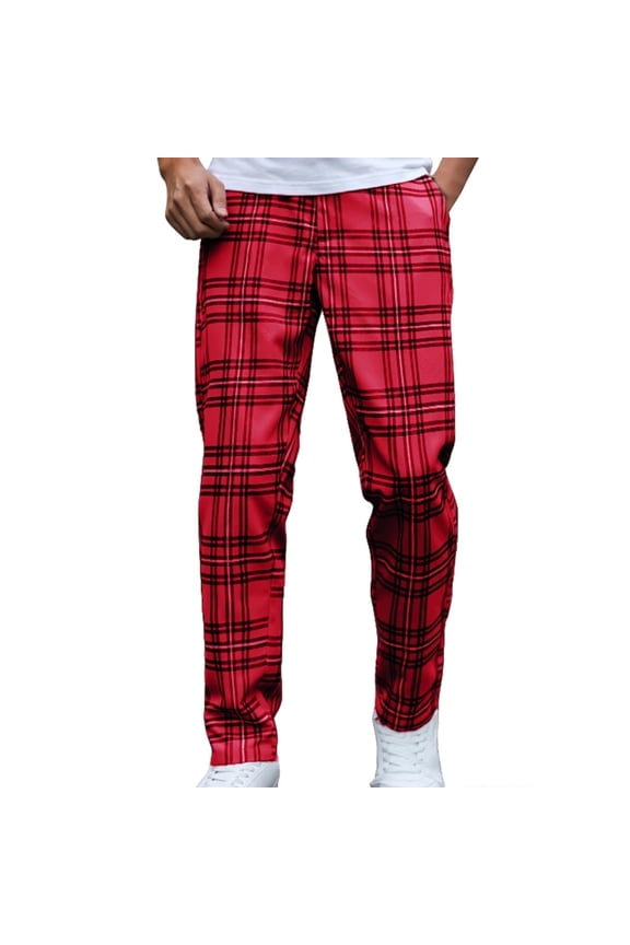 Plaid Trousers Mens Checkered Pants Travel Pants Men Casual Fashion Plaid Lace-up Elastic Pencil Pants Outdoor Trousers Red 2X