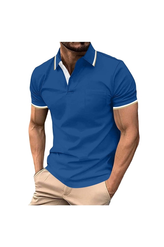 Polo Shirt Big and Tall Size Golf Pique Y2k Tops Men's Colorblocked Pocket Short Sleeve Button-Up Turndown Collar Pullover Casual Fashion Top Blue 5X