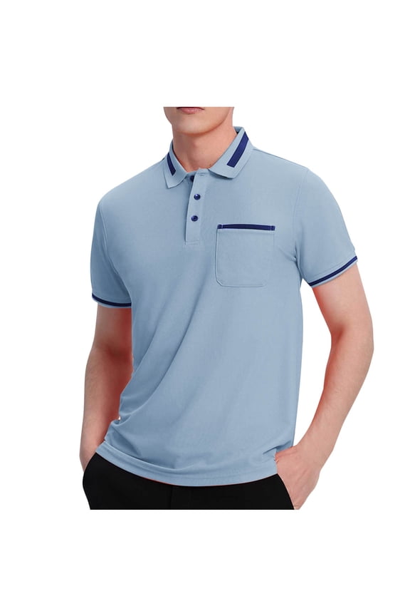 Polo Shirts for Men Bowling Shirts with Pockets Men Solid-Color Casual Button Pocket Short Sleeve Turndown Collar Blouse Shirt Light Blue 4X