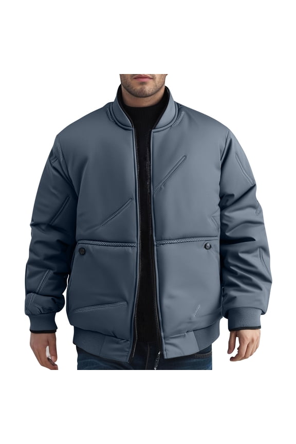 Puffer Jacket Men Black Trench Coat Men's Solid Color Long Sleeved Stand-up Collar Zipper Thick Pocket Jacket Navy M