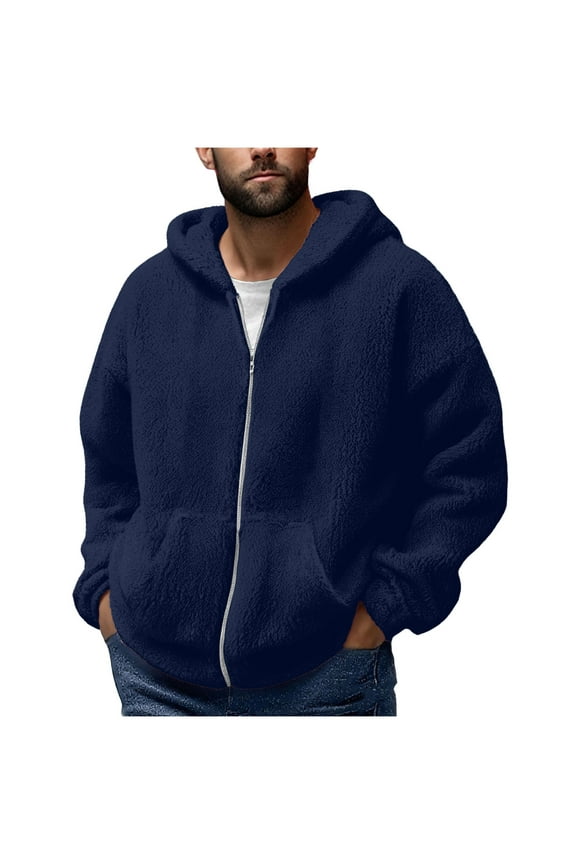 Puffer Jacket Men Fashion Men's V-Neck Pullover Long Sleeve Hooded Blouse Sweatshirt Navy XL