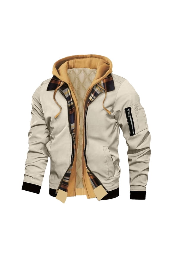 Puffer Jacket Men Flannel Jacket Men's Workwear Style Hooded Jacket Fake Two-piece Spliced Plaid Interior with Multiple Pockets for Warmth and Casual Flight Jacket Beige 3X