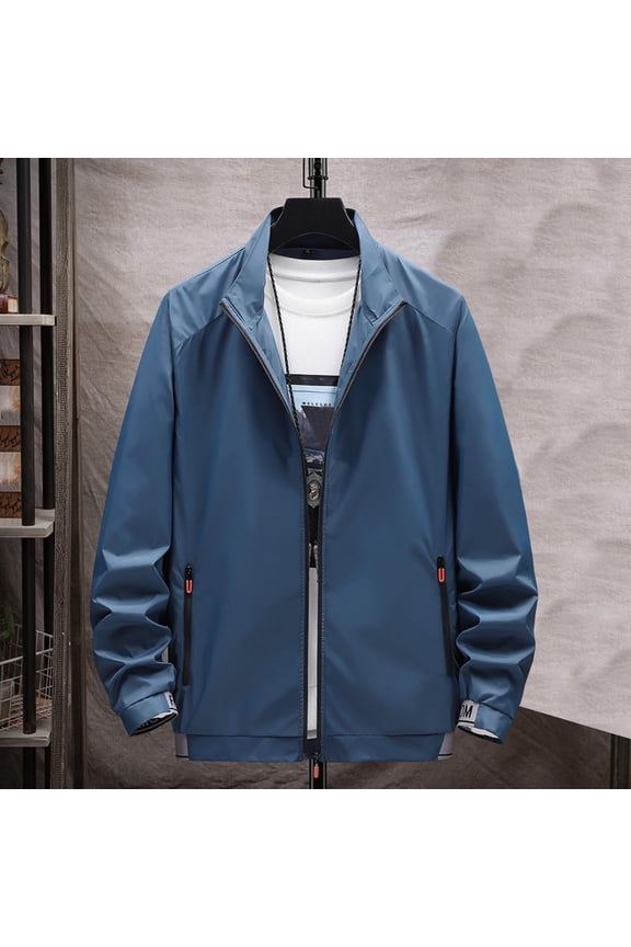 Puffer Jacket Men Men's Solid Color Outdoor Sunscreen Climb Sport Run Pocket Zipper Long Sleeved Outwear Blue XL