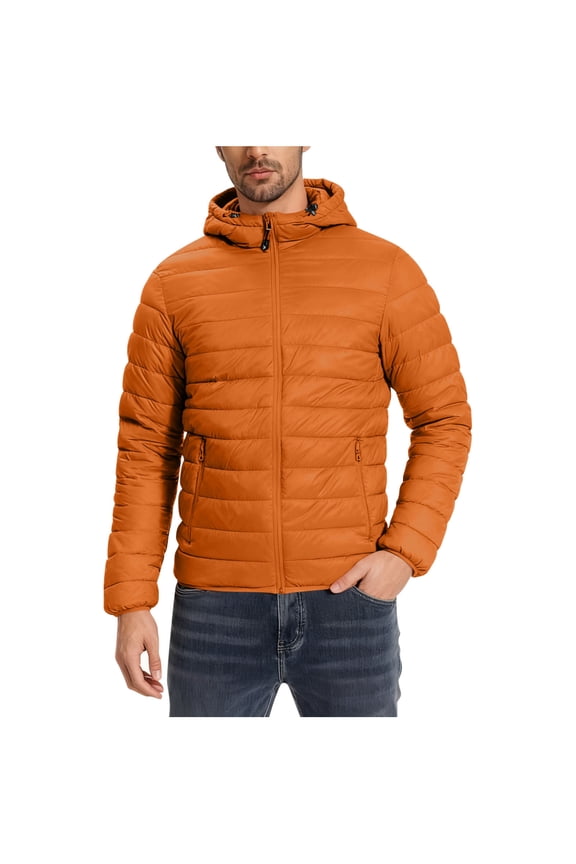 Puffer Jacket Men Packable Outdoor Down Jackets Hooded Jacket Waterproof Puffer Jacket Pockets Long Sleeve Parkas Orange M