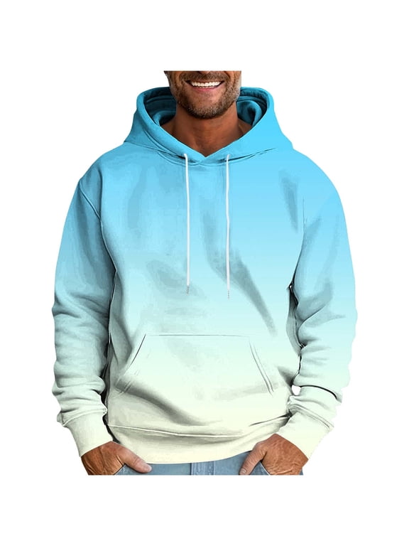 Puffer Jacket Men's Fashion Print Leisure Draw Rope Hooded Sweatshirt Hooded Hoodie Light Blue 4X