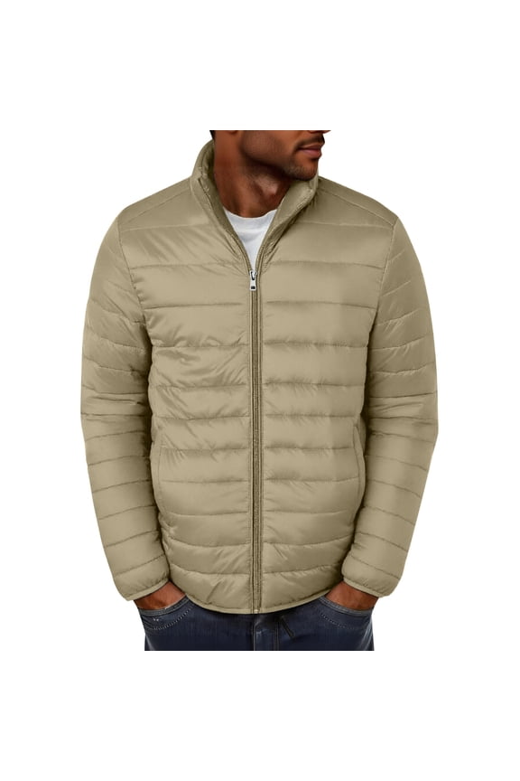 Puffer Jacket Mens Solid Color Pocket Jacket Top Jacket Beige M