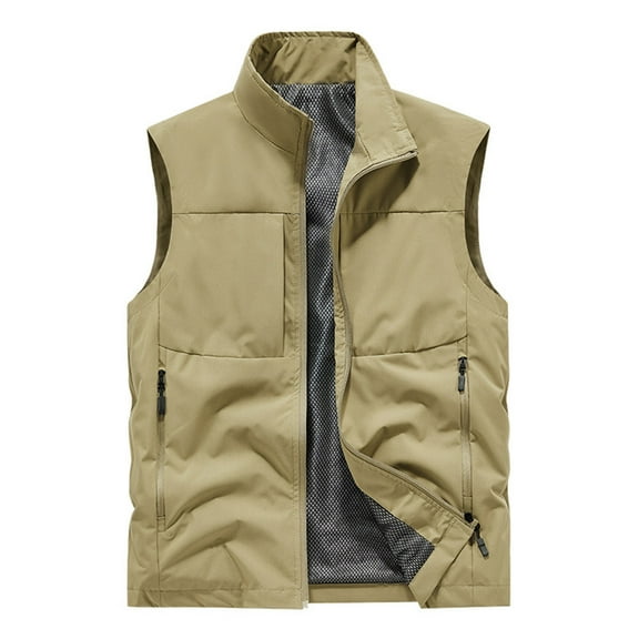 KeShDi Puffer Vest Winter Men's Casual Fashion Solid Color Sleeveless Stand-up Collar Top Waistcoat Khaki 5X