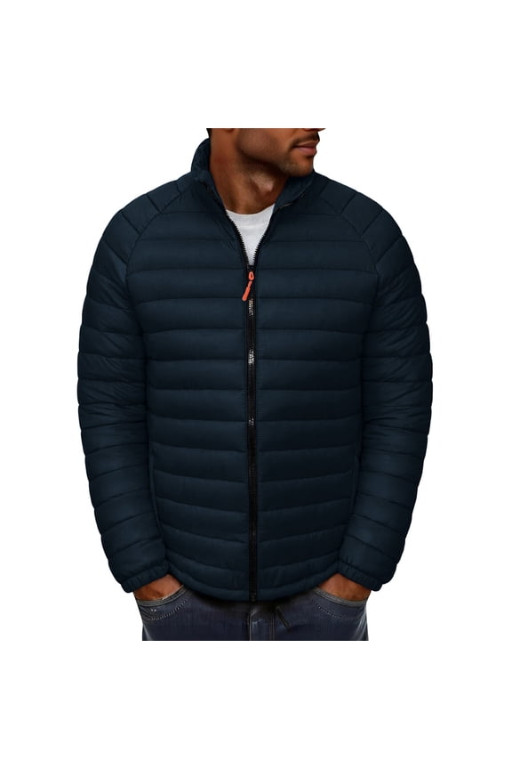 Rain Jacket Men's Casual Solid Color Warm Hooded Fashion Sportswear Zip-Up Long Sleeve CottonCoat Navy S