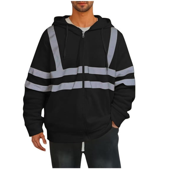 KeShDi Safety jacket Hooded jackets Work Tops Reflective high Visibility Men Zipper Casual Fashion Hooded Pockets Print Long Sleeved Outwear Black M