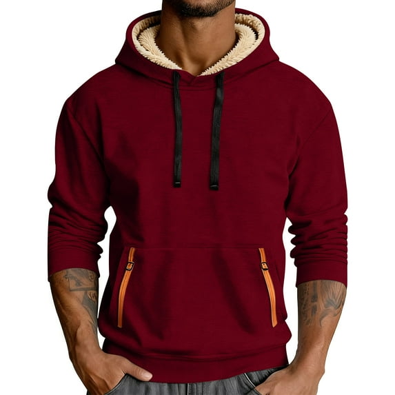 KeShDi Sherpa Jacket Men Hoodies Mens Solid Color Fleece-lined Long-sleeved Sweatshirt Red S