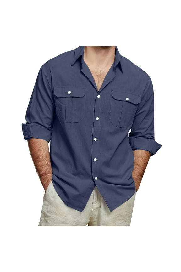 Shirt Jacket for Men's Vintage Casual Pocket Solid Color Button Lapel Fashion Long Sleeve Shirt. Dark Blue XL