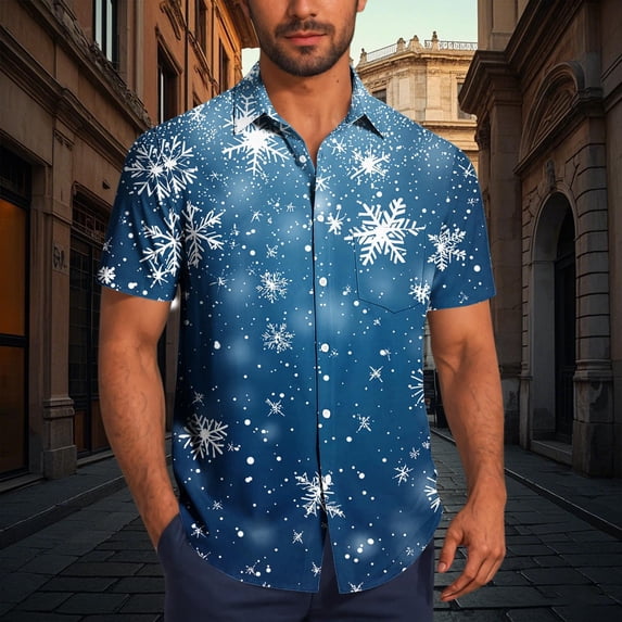 KeShDi Shirts Men Casual Fashion Turndown Collar Printing Short Sleeve Button Shirt Blouse Blue 5X
