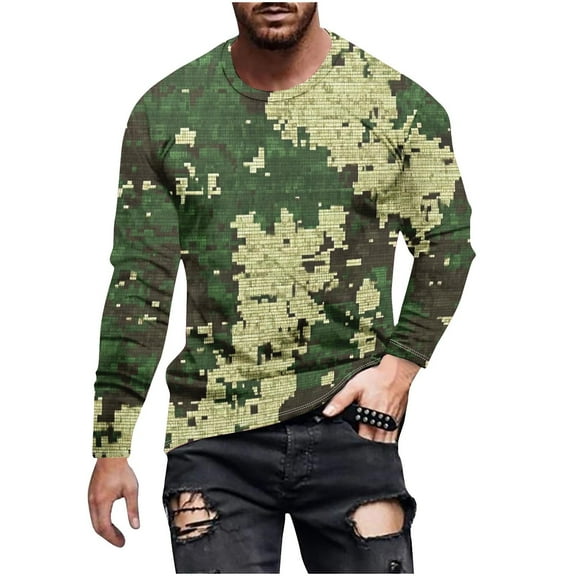KeShDi Shirts for Men Fall Shirts Men's Camouflage Print Crewneck Casual Long-sleeved Army Green 2X