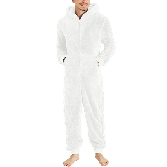 KeShDi Shirts for Men Fleece Pajamas Men Long Sleeve Hooded Jumpsuit Pajamas Casual Winter Warm Rompe Sleepwear White S