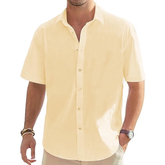 KeShDi Summer Button Shirts Men Turndown Collar Button Open and Close Solid Color Shirt Top Short Sleeve Blouse Shirt Yellow 2X