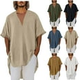 thumbnail image 1 of KeShDi Summer Men's Shirts Linen Men's Loose Solid Color V-Neck Half Sleeve Loose Collared and Linen Tunic Summer Shirt Blouse Khaki XL, 1 of 6