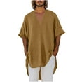 thumbnail image 1 of KeShDi Summer Men's Shirts Linen Men's Loose Solid Color V-Neck Half Sleeve Loose Collared and Linen Tunic Summer Shirt Blouse Yellow M, 1 of 6
