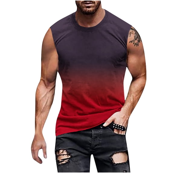 KeShDi Summer Men's T-Shirts Gradient Tank Tops Men's Gradient Sleeveless Tank Top Regular Non Positioning Print Pullover Round Neck Sleeveless T-shirt Casual Sports Tank Top Red M