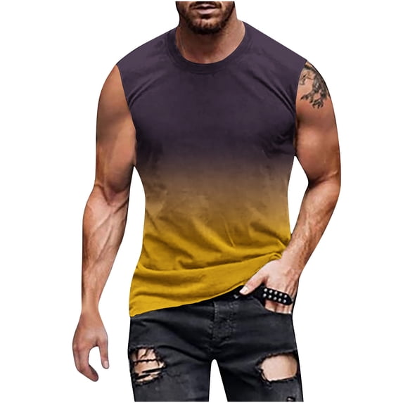 KeShDi Summer Men's T-Shirts Gradient Tank Tops Men's Gradient Sleeveless Tank Top Regular Non Positioning Print Pullover Round Neck Sleeveless T-shirt Casual Sports Tank Top Yellow 4X