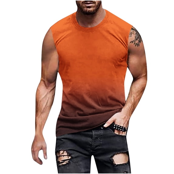 KeShDi Summer Men's T-Shirts Gradient Tank Tops Men's Gradient Sleeveless Tank Top Regular Non Positioning Print Pullover Round Neck Sleeveless T-shirt Casual Sports Tank Top Orange XL