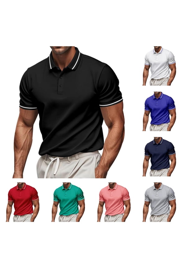 Summer Men's T-Shirts Polo Shirts Golf Shirts Men Casual Solid Short Sleeve Pullover Button Turndown Collar T-Shirt Blouse Black 3X