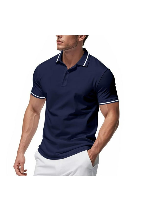 Summer Men's T-Shirts Polo Shirts Golf Shirts Men Casual Solid Short Sleeve Pullover Button Turndown Collar T-Shirt Blouse Navy 3X