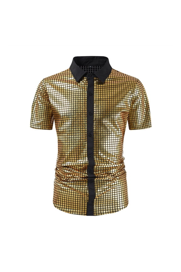 Summer Men's T-Shirts Sequin Tops Disco Shirts Sparkly Men's Trendy Performance Costume Sequin Shirt Fashionable Shiny Short Sleeve Turn Down Collar Shirt Gold 2X