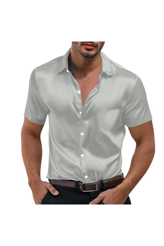 Summer Mens Shirts Button down Men's Casual Personality Dancing Party Solid Color Button Lapel Fashion Short Sleeve Shirt Gray XL