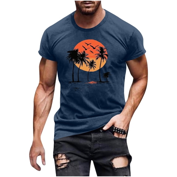 KeShDi Summer Mens Shirts Hawaiian Shirt Trendyable Men's Casual Printed Short Sleeved Crew Neck Top/Shirt Navy XL