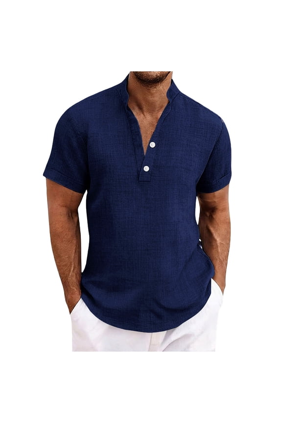 Summer Mens Shirts Linen Trendy Men Casual Solid Short Sleeve Stand-up Collar Button Shirt Tops Navy 2X