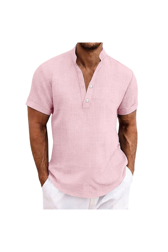 Summer Mens Shirts Linen Trendy Men Casual Solid Short Sleeve Stand-up Collar Button Shirt Tops Pink 2X