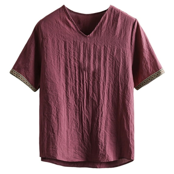 KeShDi Summer Mens T Shirts Linen Men's Trendy Comfy Short Sleeve V-Neck Collar Regular Casual Shirt Wine XL