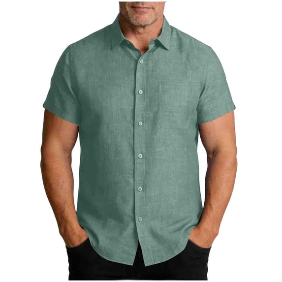 KeShDi Summer Mens T-Shirts Men Solid-Color Casual Loose Fashion Button Beach Shirt Short Sleeve Turndown Collar Top Shirt Green XL